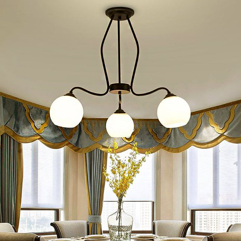 Traditional Black Semi Flush Ceiling Light Fixture with White Glass Shades - 3/6/8 Lights for Dining Room