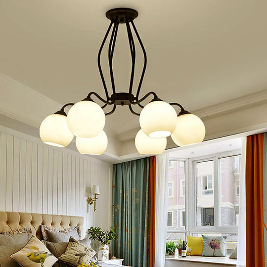 Traditional Black Semi Flush Ceiling Light Fixture with White Glass Shades - 3/6/8 Lights for Dining Room