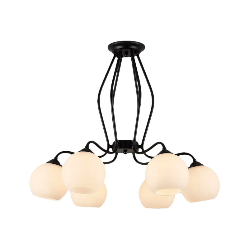 Traditional Black Semi Flush Ceiling Light Fixture with White Glass Shades - 3/6/8 Lights for Dining Room