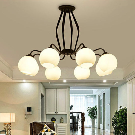 Traditional Black Semi Flush Ceiling Light Fixture with White Glass Shades - 3/6/8 Lights for Dining Room