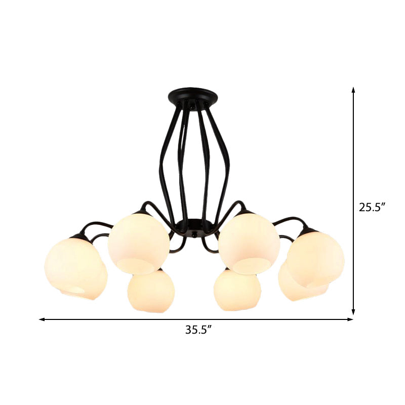 Traditional Black Semi Flush Ceiling Light Fixture with White Glass Shades - 3/6/8 Lights for Dining Room