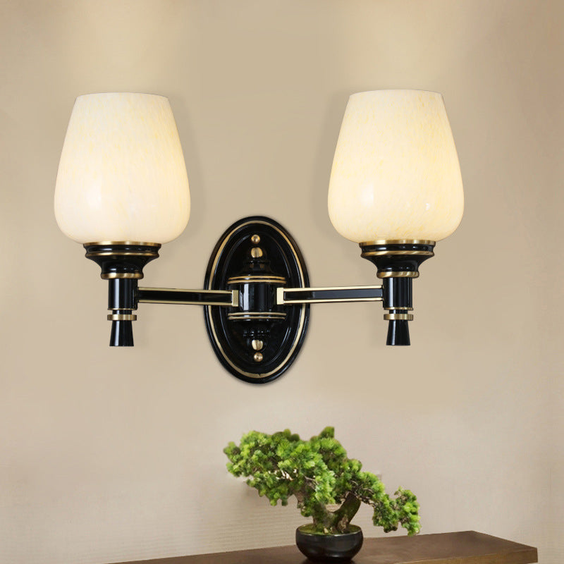 Black Wall-Mounted Sconce Light With Cone White Glass Shade - Traditional Living Room Lighting 2 /