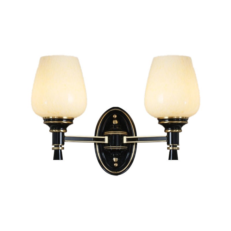 Black Wall-Mounted Sconce Light With Cone White Glass Shade - Traditional Living Room Lighting