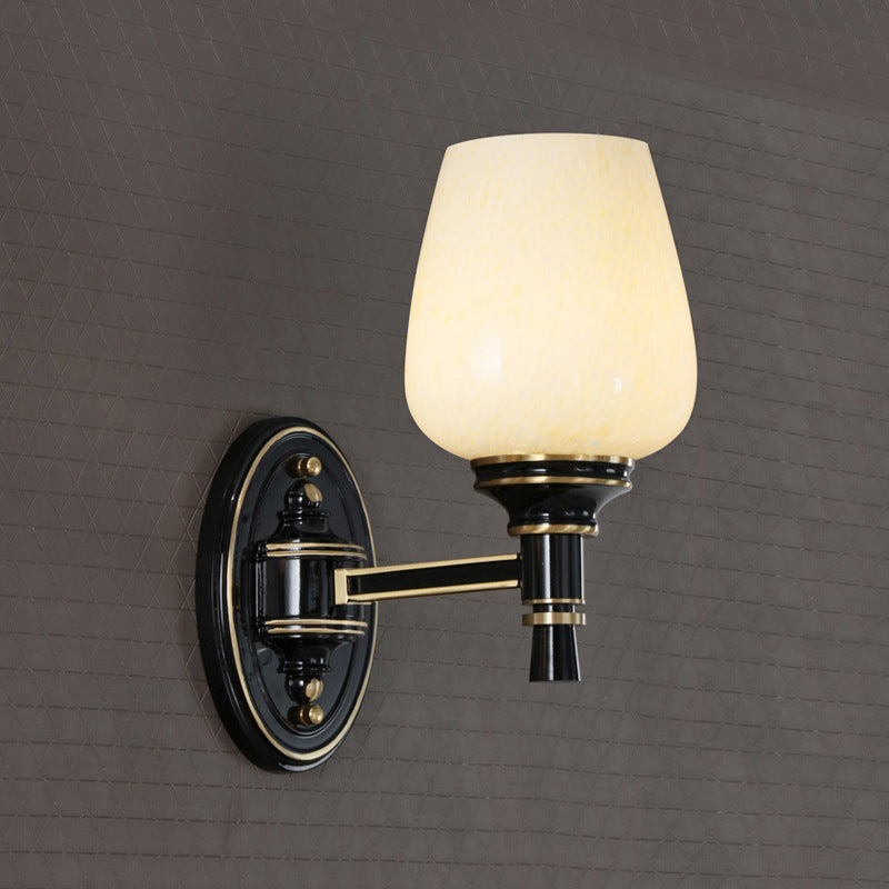 Black Wall-Mounted Sconce Light With Cone White Glass Shade - Traditional Living Room Lighting