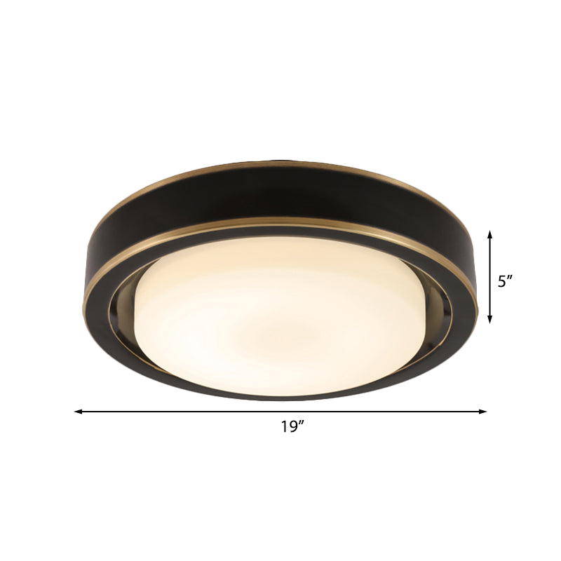 15"/19" Black/Brass Drum Ceiling Light Fixture with Classic Frosted Glass and LED for Bedroom - Flush Mount in White/Warm Light