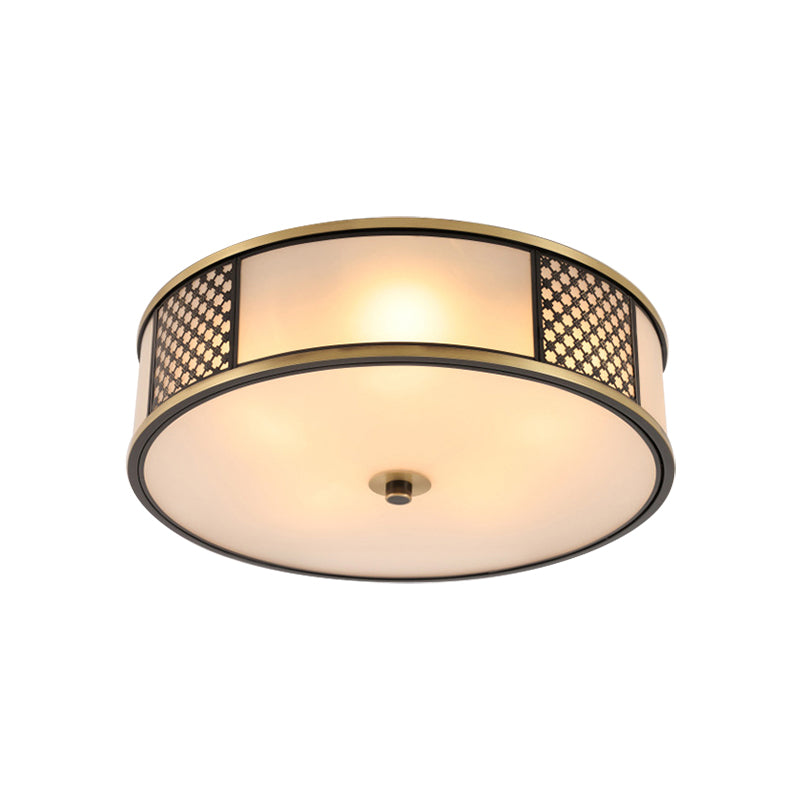 Traditional Brass Drum Flush Mount Ceiling Lamp 5 Light White Glass 16/19.5 Width - Ideal For Living