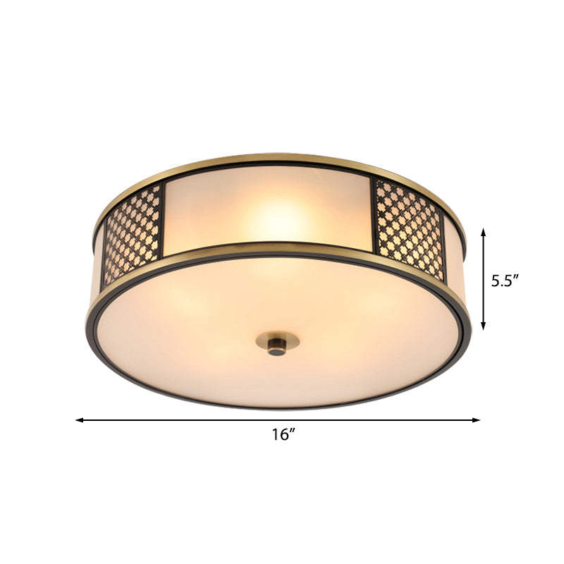 Traditional Brass Drum Flush Mount Ceiling Lamp, 5 Light White Glass, 16"/19.5" Width - Ideal for Living Room Lighting