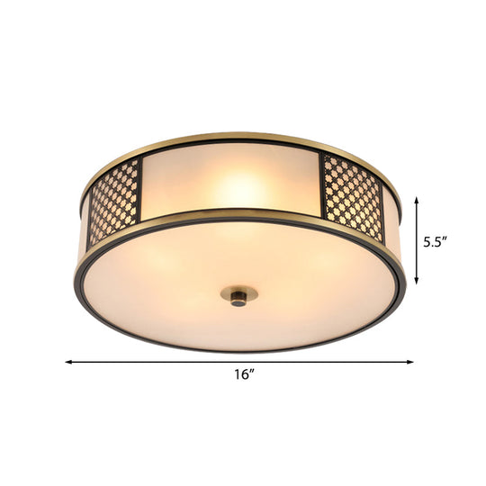 Traditional Brass Drum Flush Mount Ceiling Lamp 5 Light White Glass 16/19.5 Width - Ideal For Living