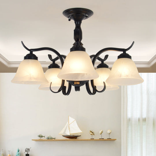 Traditional Black Cone Frosted Glass Semi Flush Light - 5 Lights - Living Room Ceiling Lighting