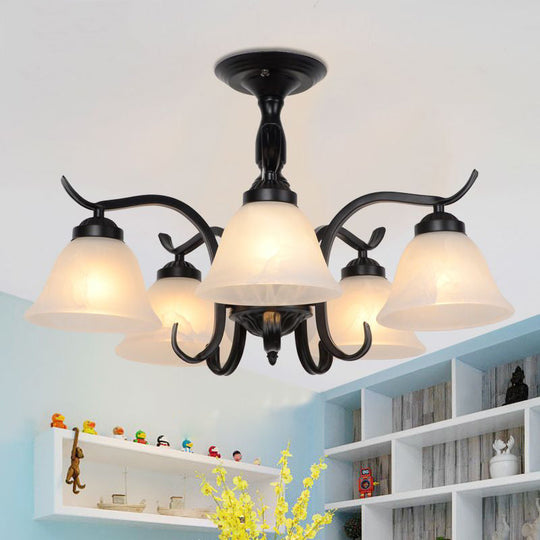 Traditional Black Cone Frosted Glass Semi Flush Light - 5 Lights - Living Room Ceiling Lighting