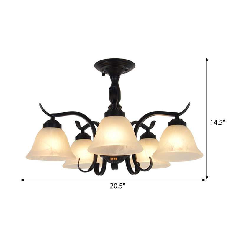 Traditional Black Cone Frosted Glass Semi Flush Light - 5 Lights - Living Room Ceiling Lighting