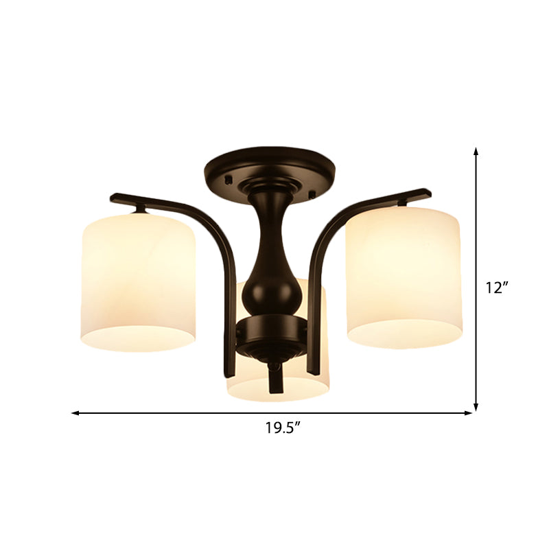 Traditional Black Semi Flush Mount Ceiling Light with Frosted Cylinder Glass Shades - Ideal for Bedrooms