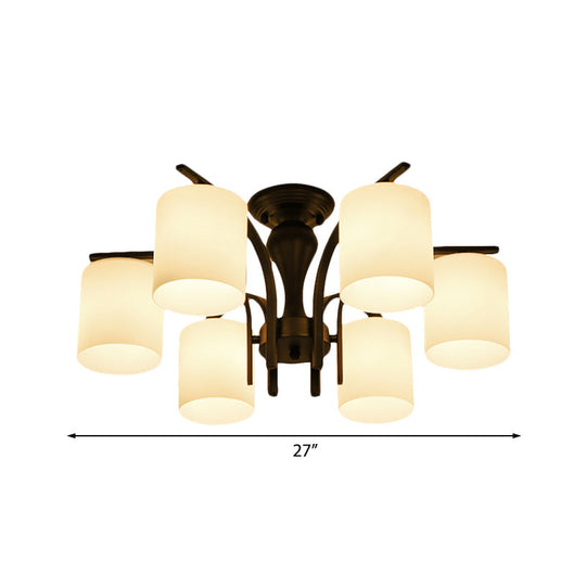 Traditional Black Semi Flush Mount Ceiling Light With Frosted Cylinder Glass Shades - Ideal For