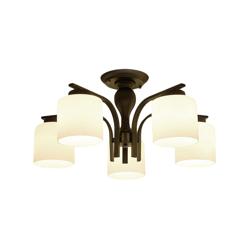 Traditional Black Semi Flush Mount Ceiling Light With Frosted Cylinder Glass Shades - Ideal For