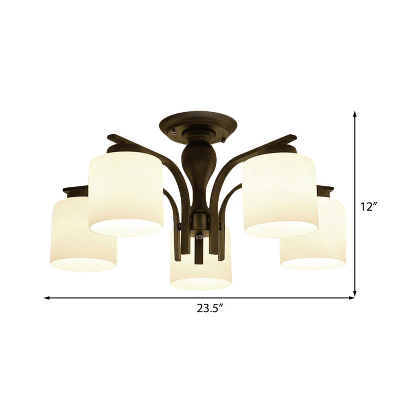 Traditional Black Semi Flush Mount Ceiling Light With Frosted Cylinder Glass Shades - Ideal For