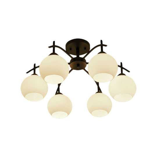 Globe White Glass Semi Flush Traditional Living Room Ceiling Light Fixture in Black with 3/5/6 Lights