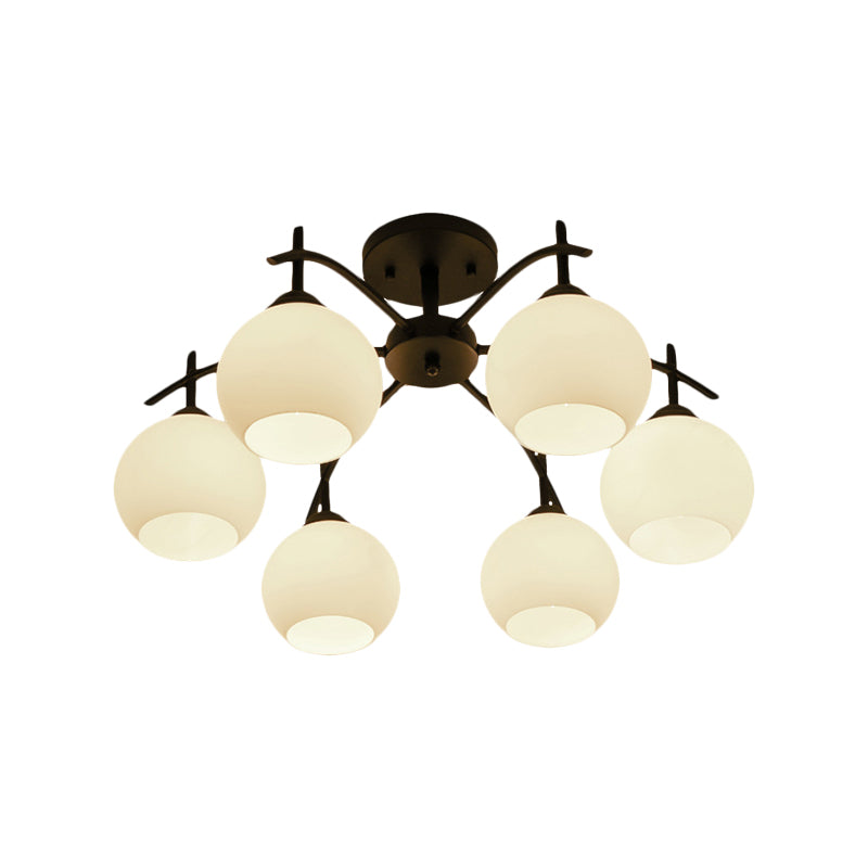 Globe White Glass Semi Flush Traditional Living Room Ceiling Light Fixture In Black With 3/5/6