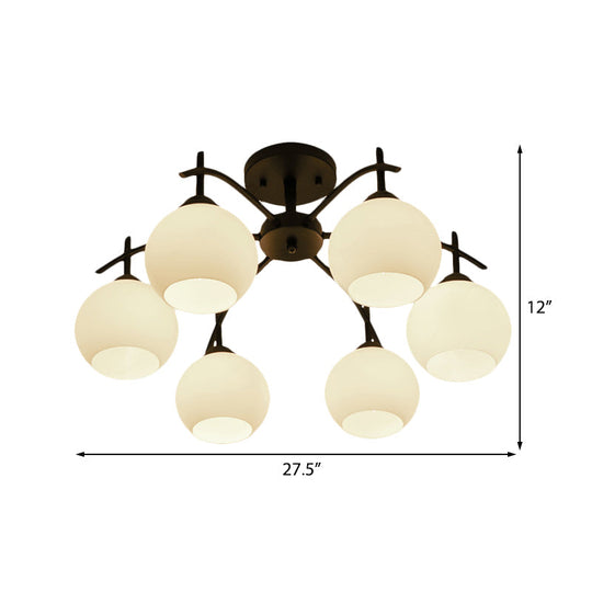 Globe White Glass Semi Flush Traditional Living Room Ceiling Light Fixture in Black with 3/5/6 Lights