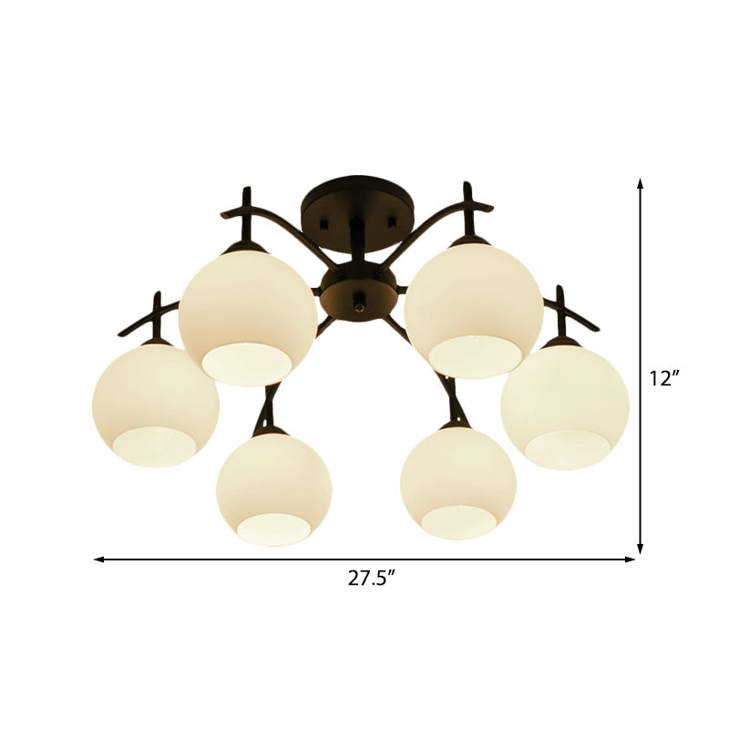 Globe White Glass Semi Flush Traditional Living Room Ceiling Light Fixture In Black With 3/5/6