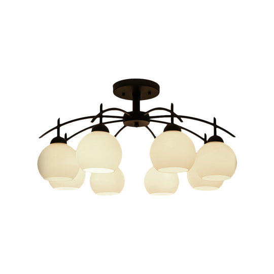 Globe White Glass Semi Flush Traditional Living Room Ceiling Light Fixture in Black with 3/5/6 Lights