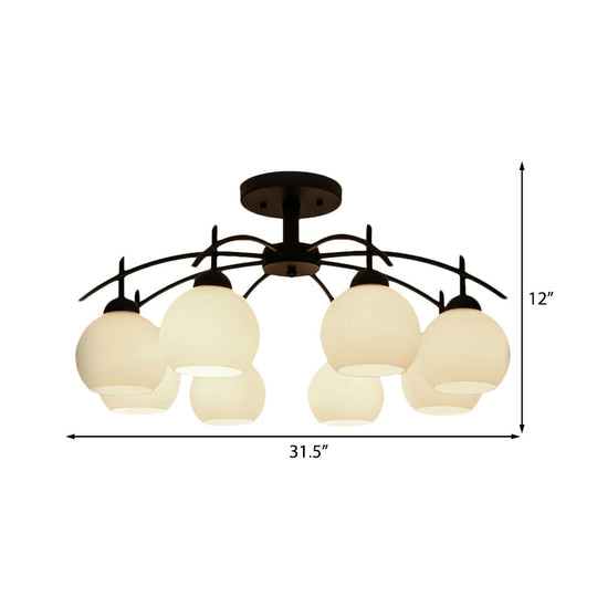 Globe White Glass Semi Flush Traditional Living Room Ceiling Light Fixture in Black with 3/5/6 Lights