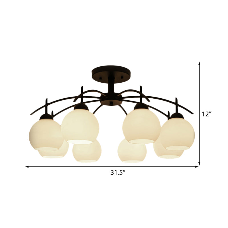 Globe White Glass Semi Flush Traditional Living Room Ceiling Light Fixture In Black With 3/5/6