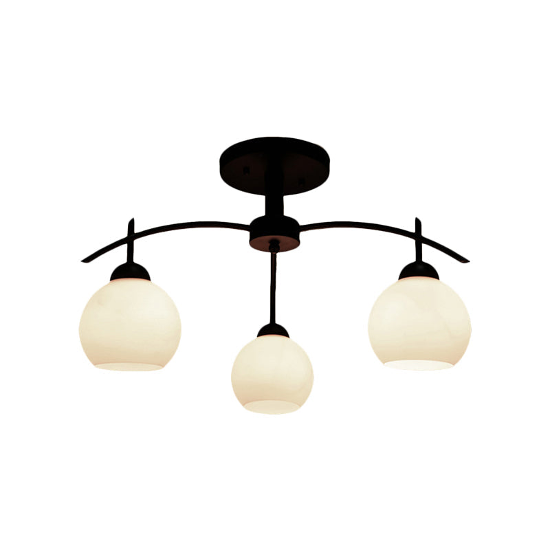 Globe White Glass Semi Flush Traditional Living Room Ceiling Light Fixture in Black with 3/5/6 Lights