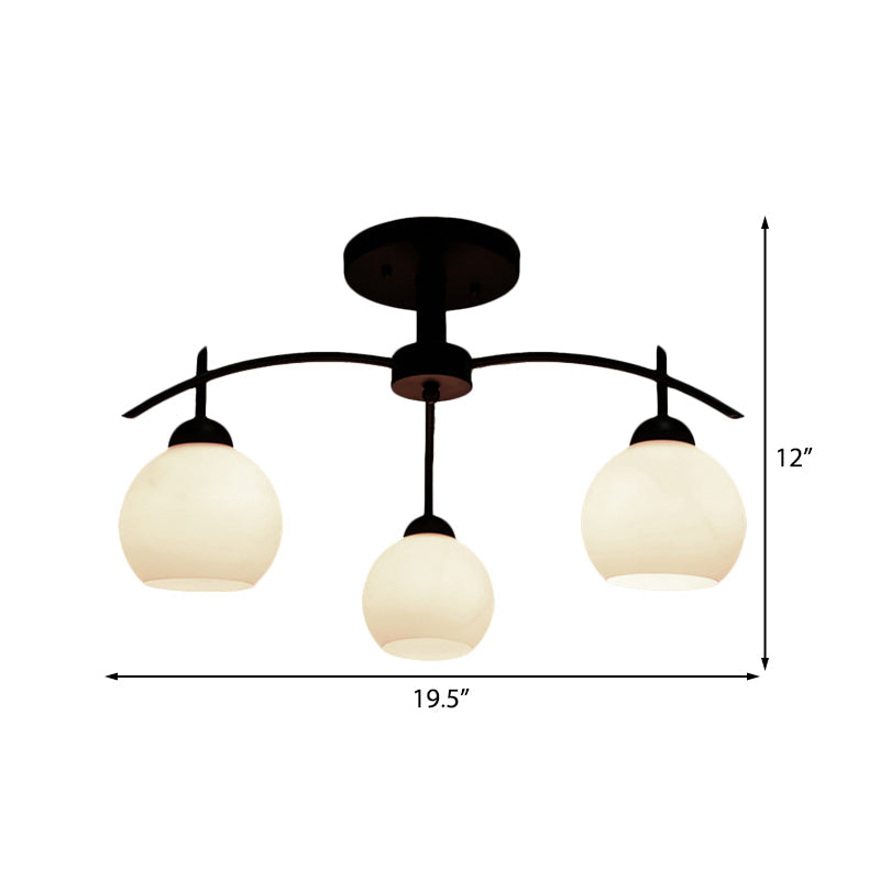 Globe White Glass Semi Flush Traditional Living Room Ceiling Light Fixture in Black with 3/5/6 Lights