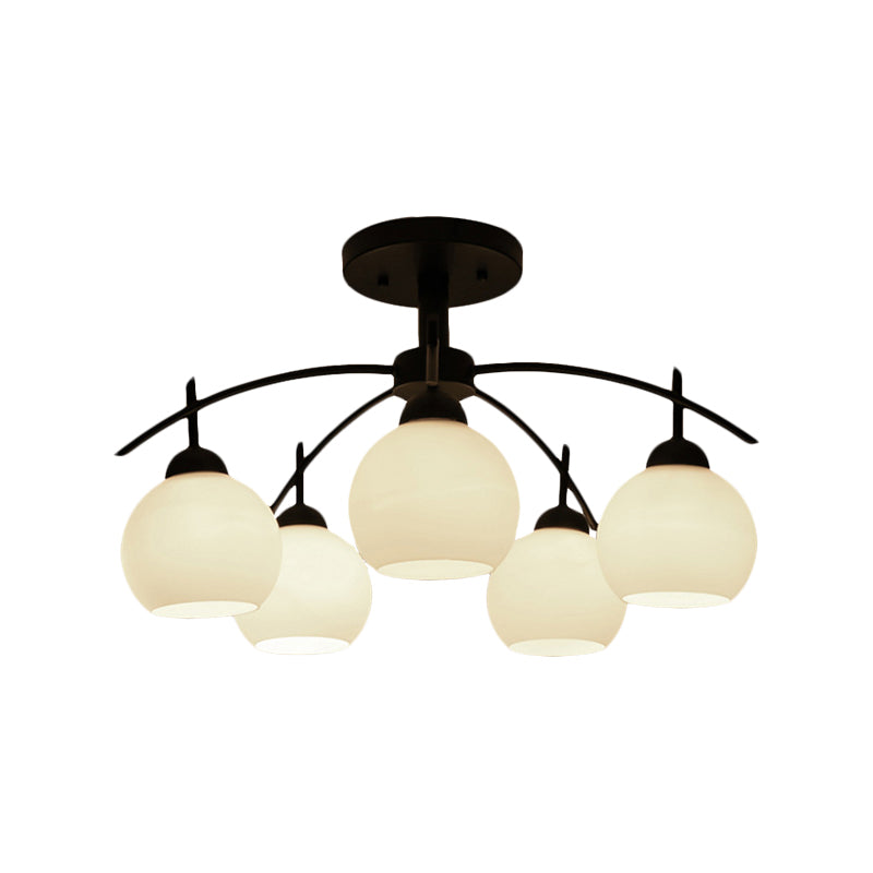 Globe White Glass Semi Flush Traditional Living Room Ceiling Light Fixture in Black with 3/5/6 Lights