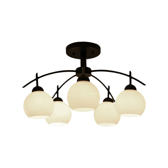 Globe White Glass Semi Flush Traditional Living Room Ceiling Light Fixture in Black with 3/5/6 Lights