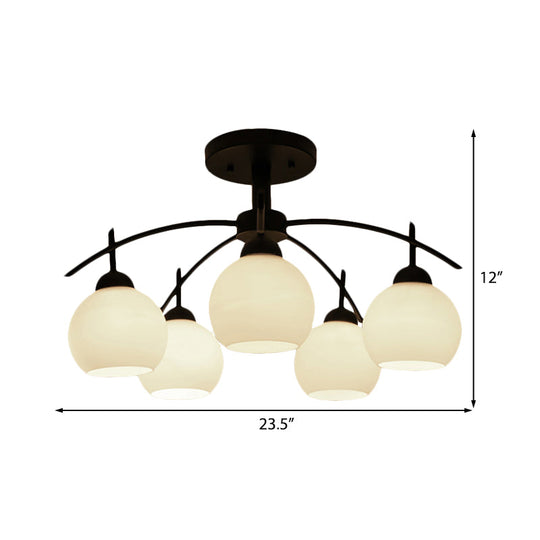 Globe White Glass Semi Flush Traditional Living Room Ceiling Light Fixture in Black with 3/5/6 Lights