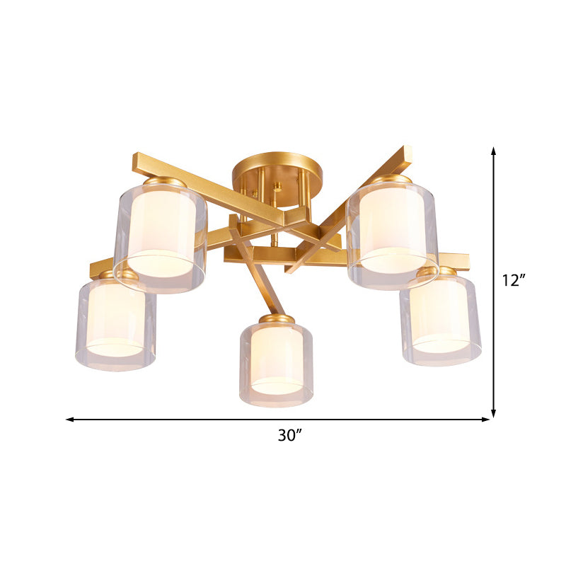 Cylinder Semi Mount Bedroom Lighting - Clear Glass, White Ceiling Light - 4/5/6 Lights