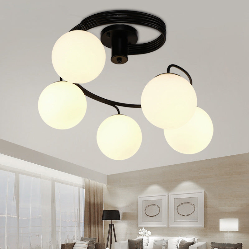 Traditional Black Semi Flush Ceiling Light with Globe White Glass Shade - 3/5 Lights for Living Room