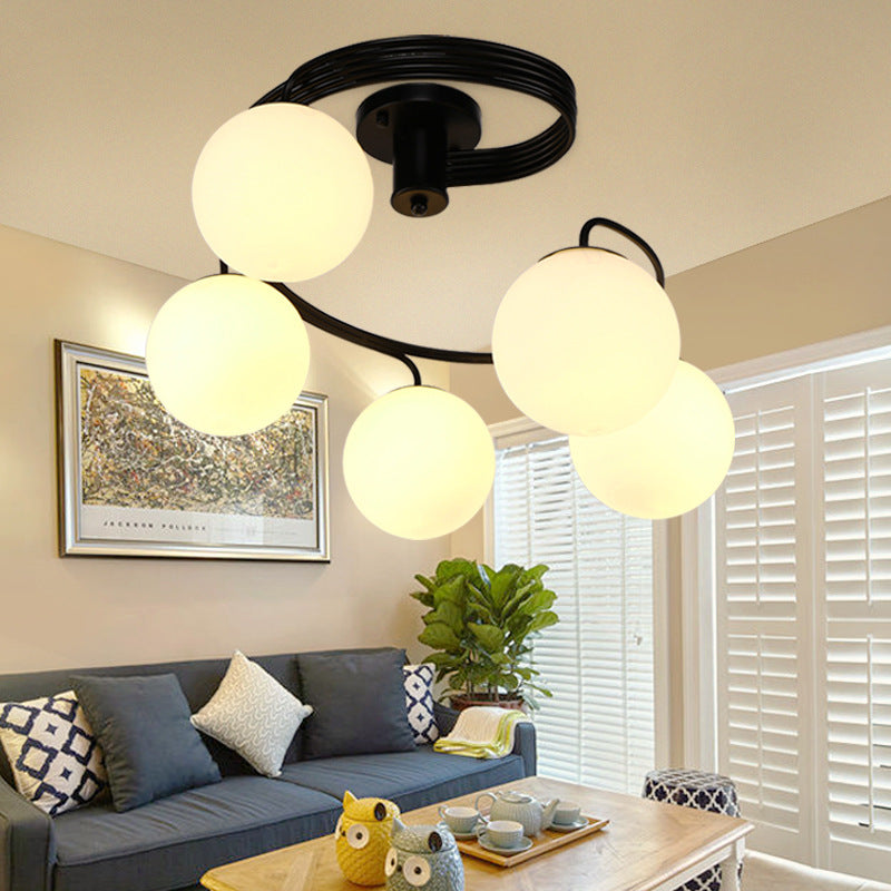 Traditional Black Semi Flush Ceiling Light with Globe White Glass Shade - 3/5 Lights for Living Room