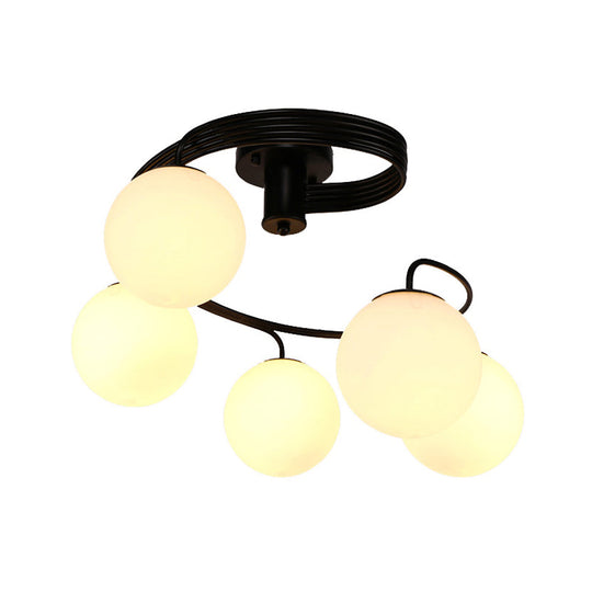 Traditional Black Semi Flush Ceiling Light with Globe White Glass Shade - 3/5 Lights for Living Room