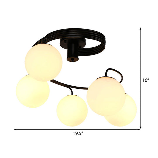 Traditional Black Semi Flush Ceiling Light Fixture With Globe White Glass Shade - 3/5 Lights For