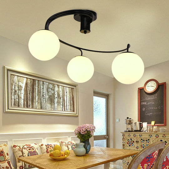 Traditional Black Semi Flush Ceiling Light with Globe White Glass Shade - 3/5 Lights for Living Room