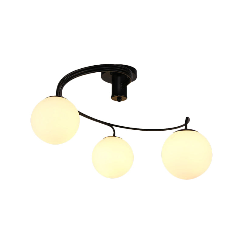 Traditional Black Semi Flush Ceiling Light with Globe White Glass Shade - 3/5 Lights for Living Room