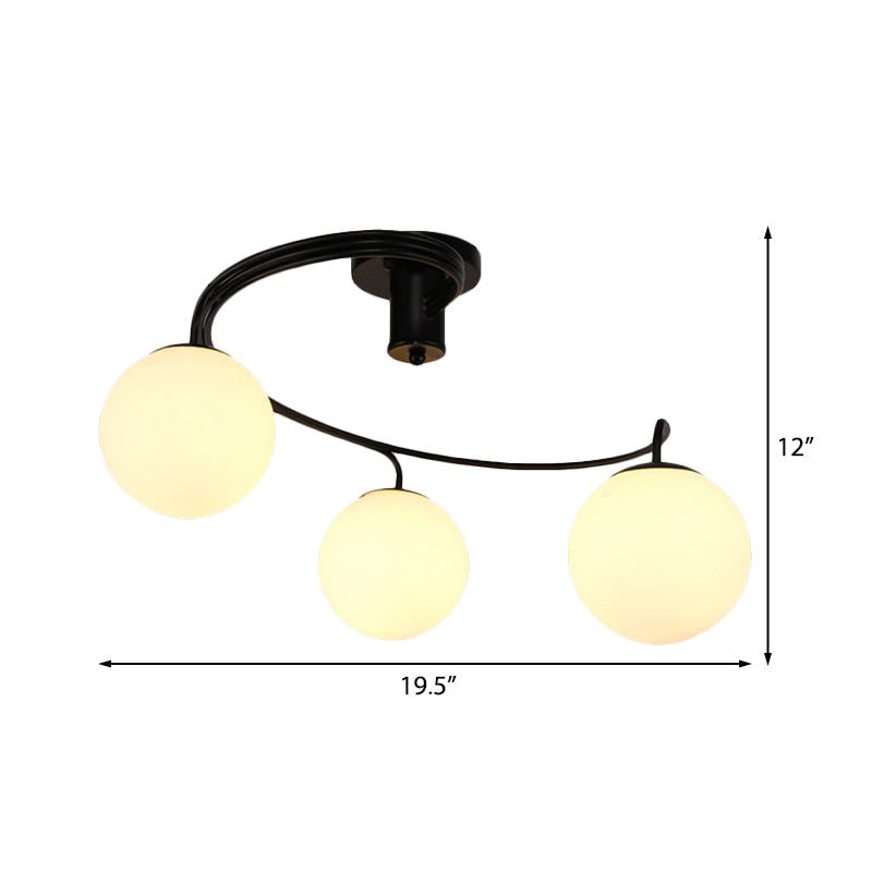 Traditional Black Semi Flush Ceiling Light with Globe White Glass Shade - 3/5 Lights for Living Room