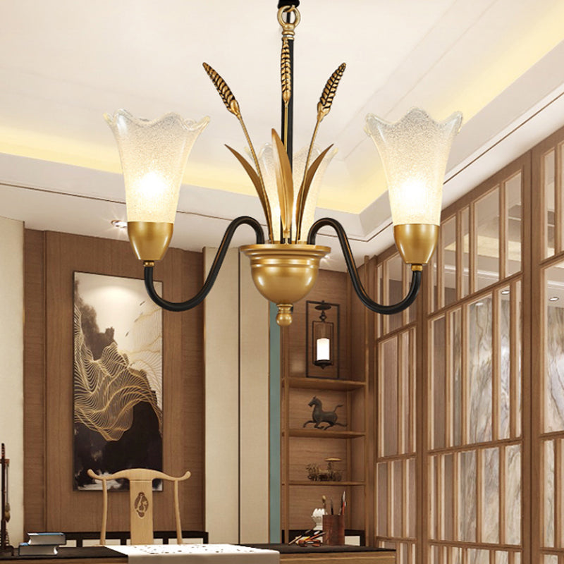 Floral Shaped White Glass Chandelier - Traditional 6/8/12 Lights Study Room Ceiling Light In Brass 3