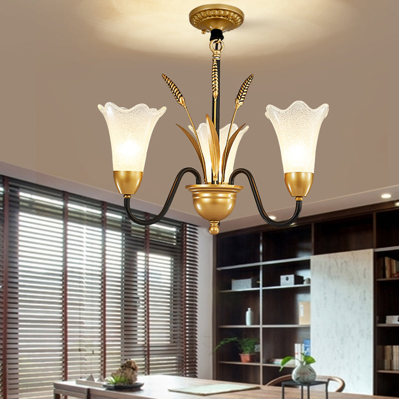 Floral Shaped White Glass Chandelier - Traditional 6/8/12 Lights Study Room Ceiling Light In Brass