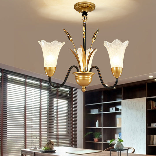 Floral Shaped White Glass Chandelier - Traditional 6/8/12 Lights Study Room Ceiling Light In Brass