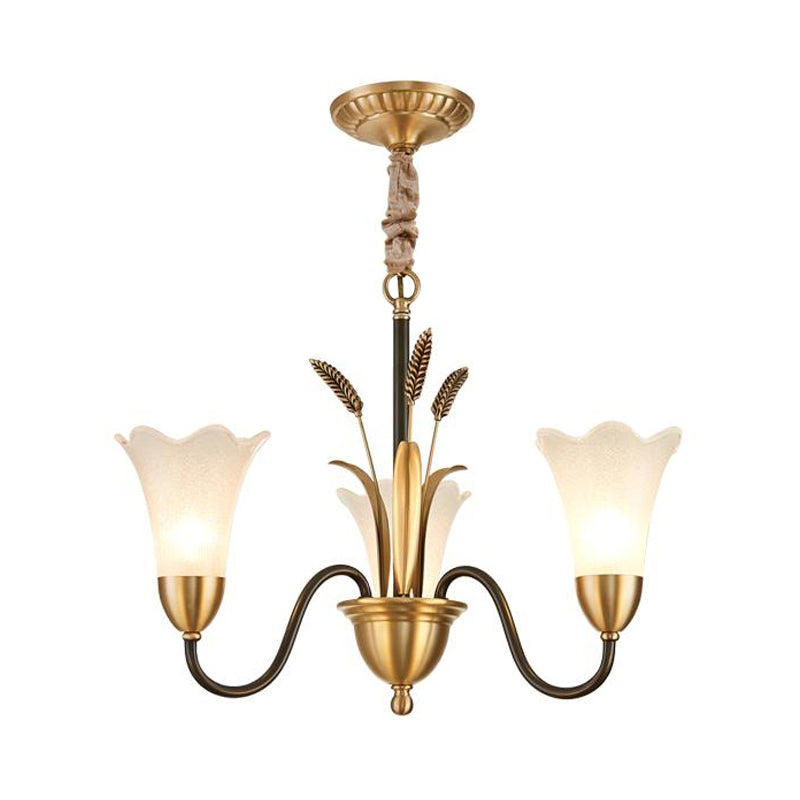 Floral Shaped White Glass Chandelier - Traditional 6/8/12 Lights Study Room Ceiling Light In Brass