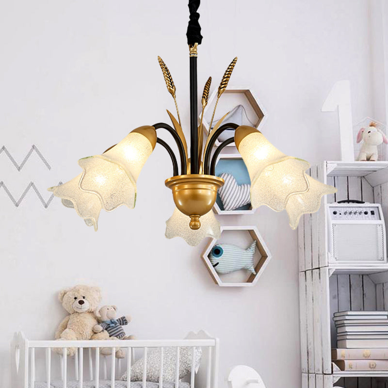 Floral Shaped White Glass Chandelier - Traditional 6/8/12 Lights Study Room Ceiling Light In Brass