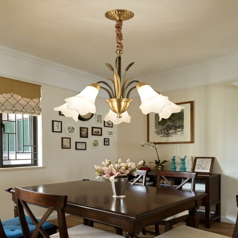 Floral Shaped White Glass Chandelier - Traditional 6/8/12 Lights Study Room Ceiling Light In Brass 5