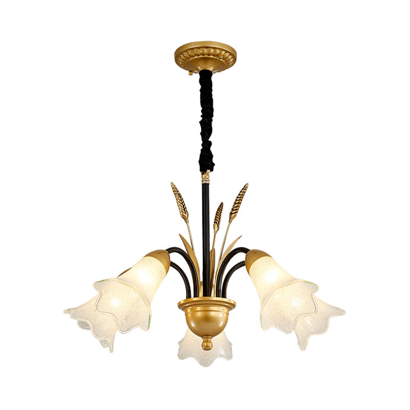 Floral Shaped White Glass Chandelier - Traditional 6/8/12 Lights Study Room Ceiling Light In Brass