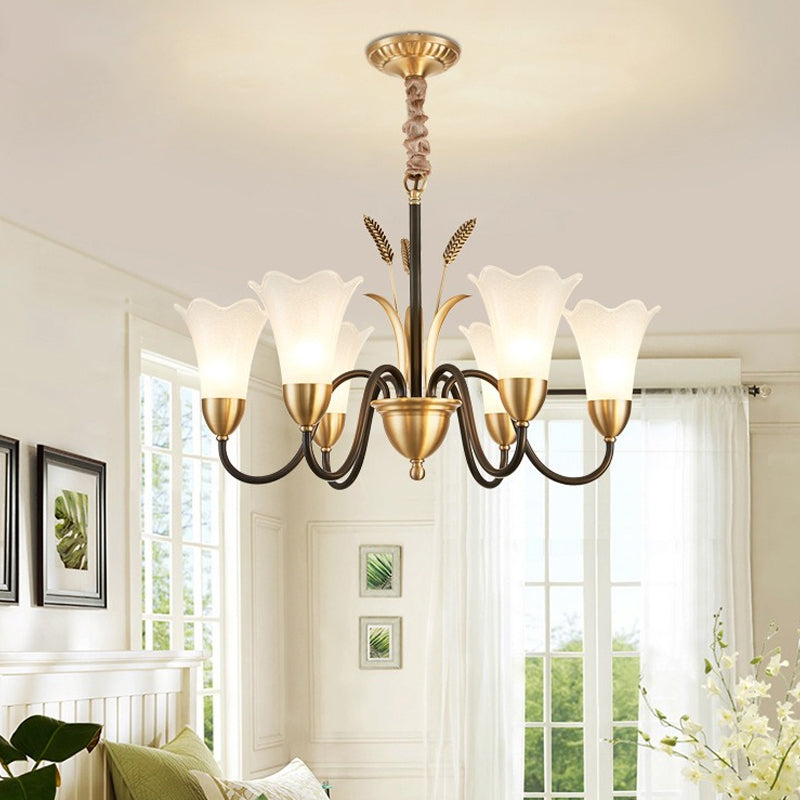 Floral Shaped White Glass Chandelier - Traditional 6/8/12 Lights Study Room Ceiling Light In Brass 6