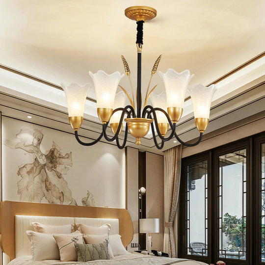 Floral Shaped White Glass Chandelier - Traditional 6/8/12 Lights Study Room Ceiling Light In Brass