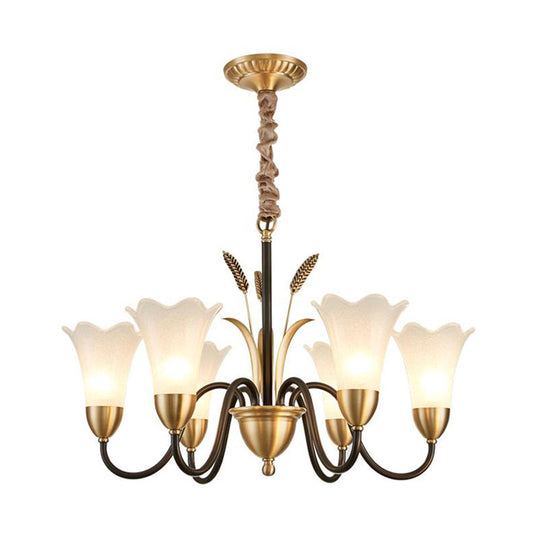 Floral Shaped White Glass Chandelier - Traditional 6/8/12 Lights Study Room Ceiling Light In Brass