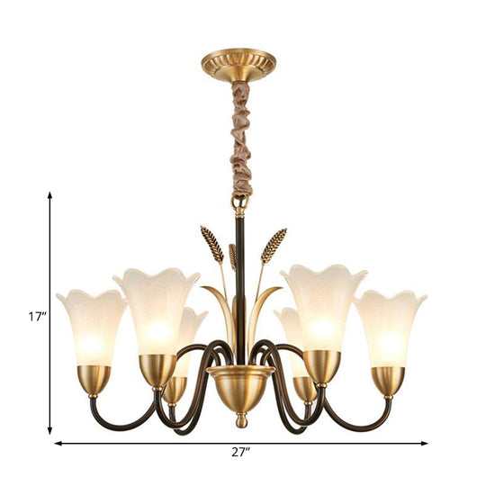 Floral Shaped White Glass Chandelier - Traditional 6/8/12 Lights Study Room Ceiling Light In Brass